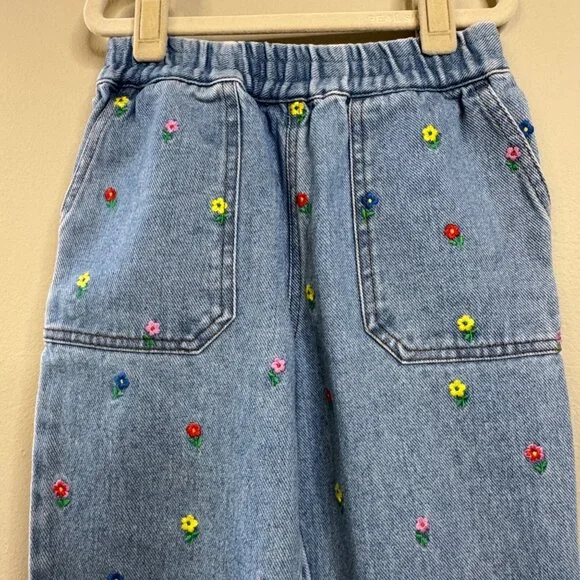 MINI BODEN Flower Jeans Girls 7-8 Embroidered Denim Blue Jean Pull On - Picture 3 of 8